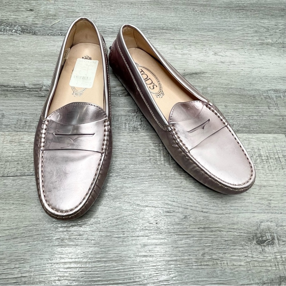 Tod's Rose Metallic Leather Penny Loafers